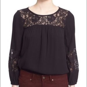 Joie Sz M Black Coastal Lace Inset Crepe Top